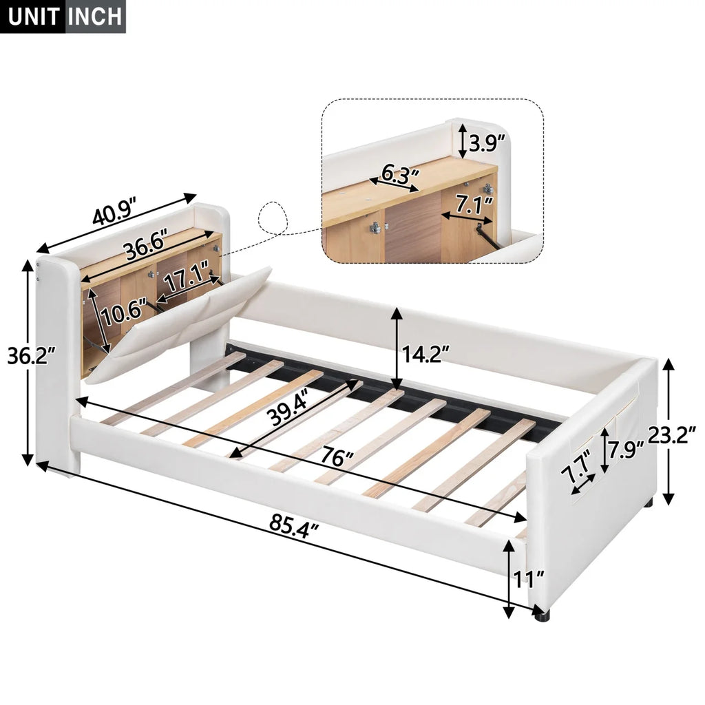 Twin Size Upholstered Platform Bed with Guardrail and Storage Headboard B214
