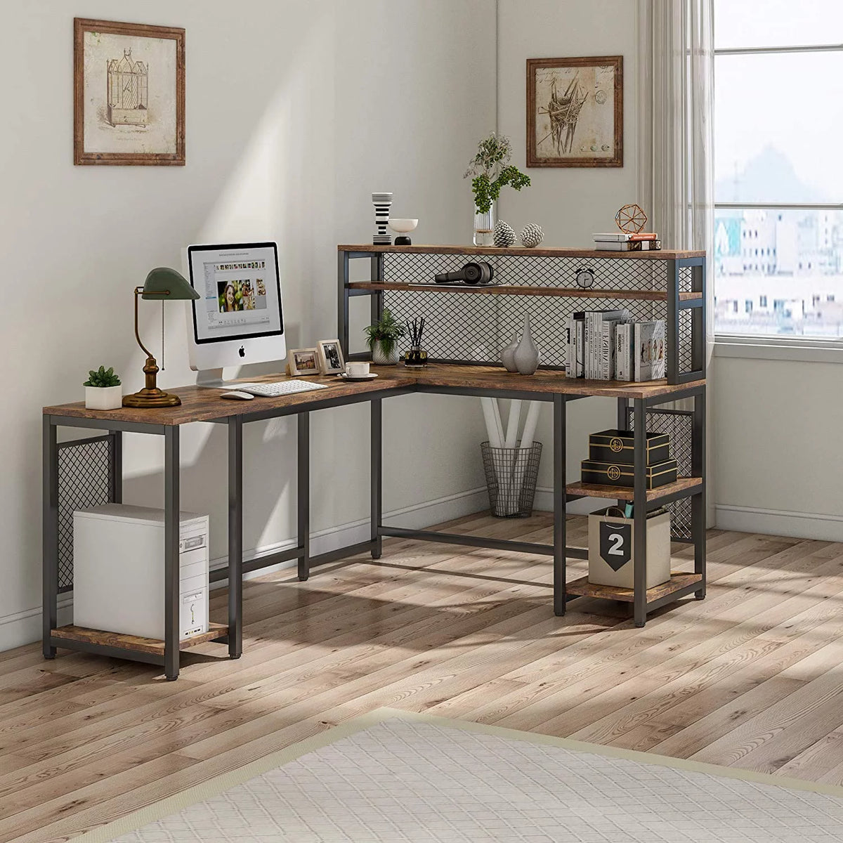 67" Computer Desk with Hutch and 5 Storage Shelves Y9331