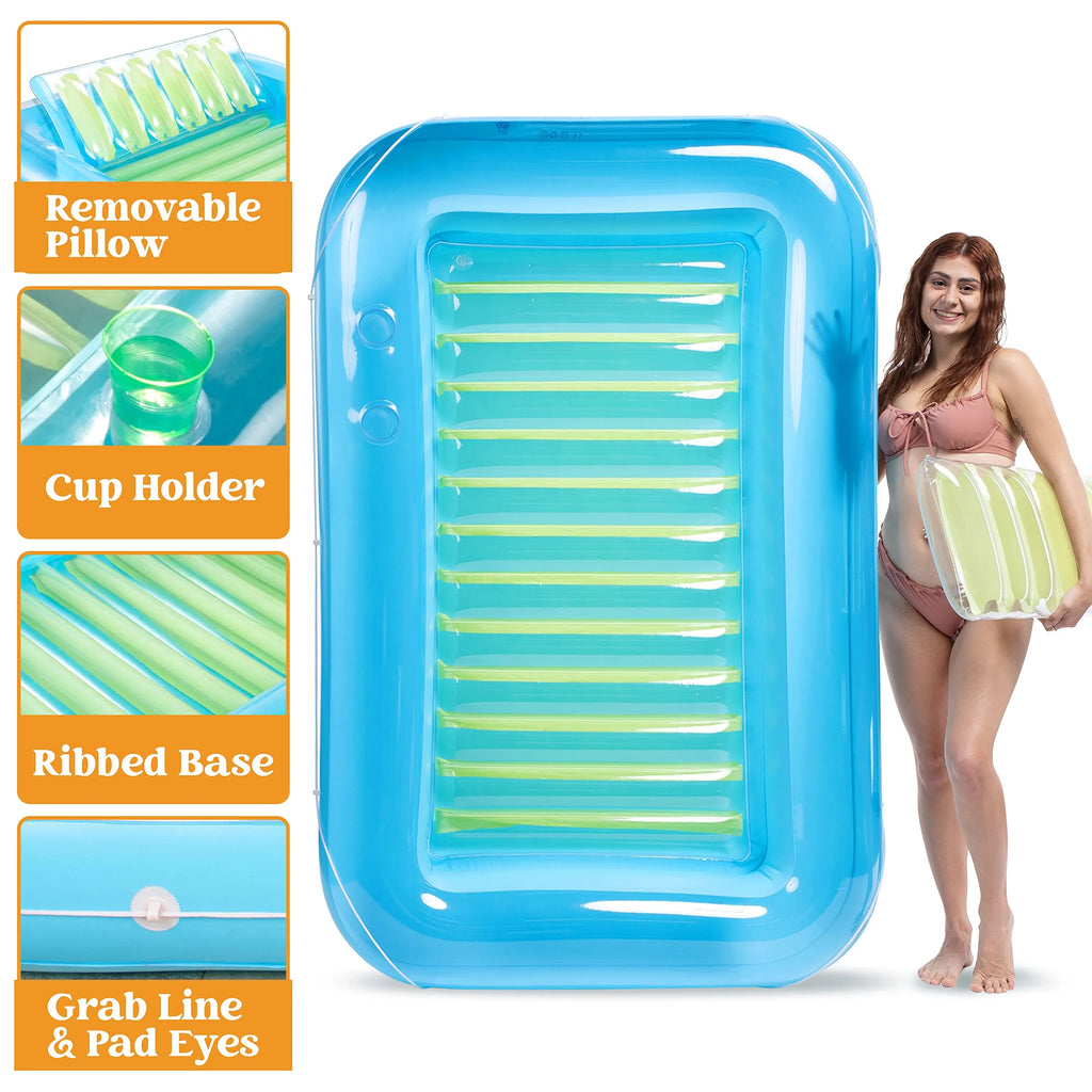 Inflatable Tanning Pool Lounger Float 70" x 46" with Pillow Blue W43532