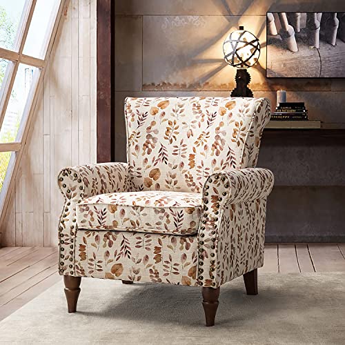 Blue Floral Pattern Upholstered Accent Chair with Wood Legs I214