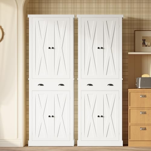White Kitchen Pantry Storage Cabinet with Barn Doors, Drawer, 4 Adjustable Shelves W300394