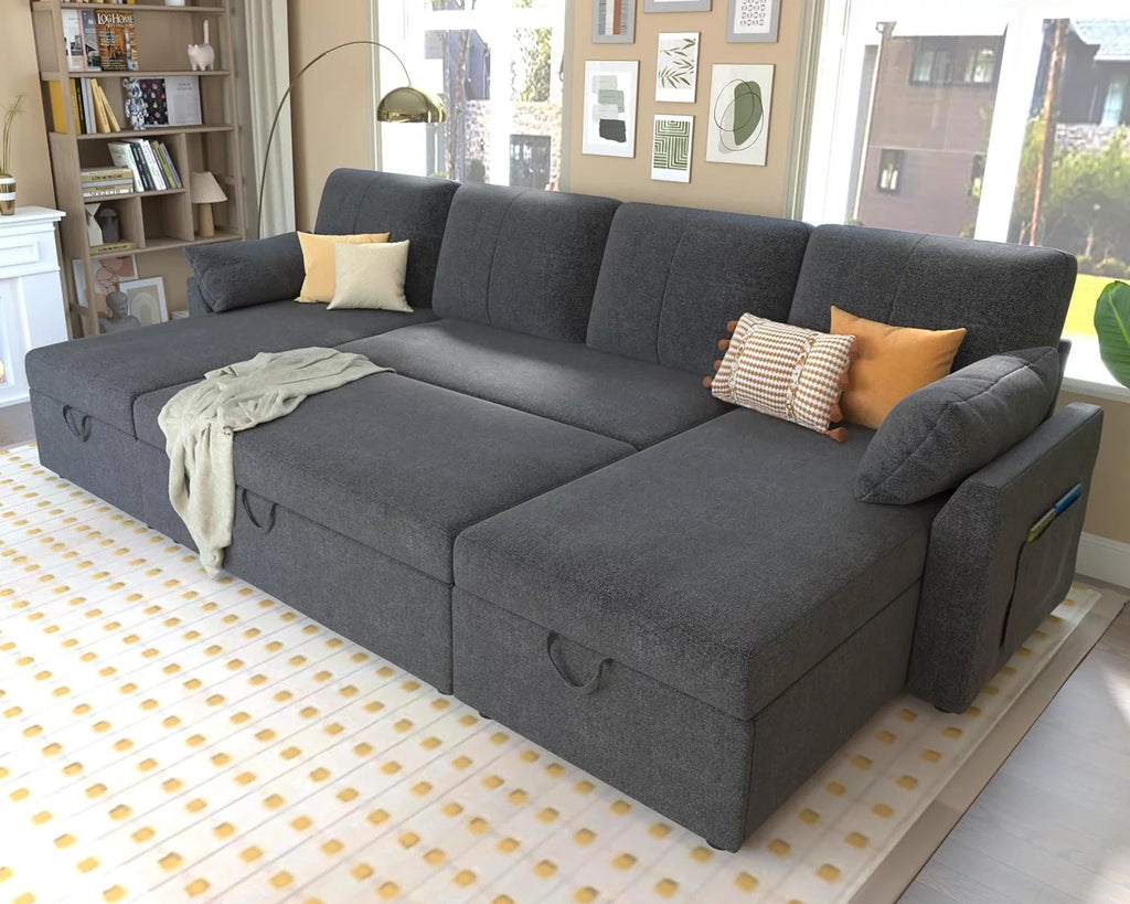 White Sherpa Sleeper Sofa with Storage Chaise O564