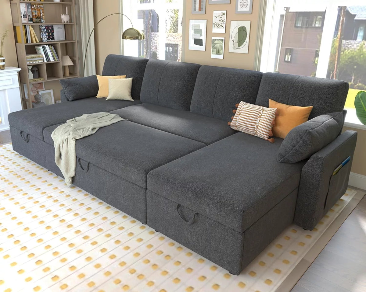 White Sherpa Sleeper Sofa with Storage Chaise O564