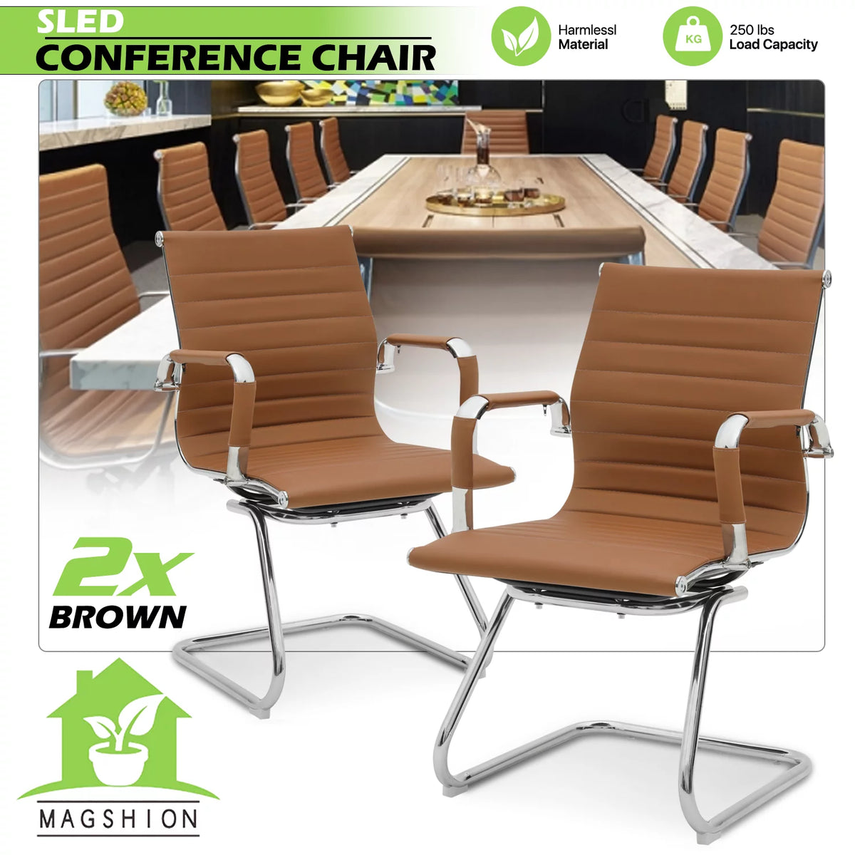 2 Pack Faux Leather Metal Sled Base Conference Chair F62626