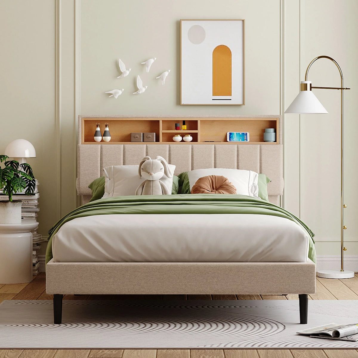 Full Size Linen Fabric Upholstered Platform Bed with Storage Headboard S60307