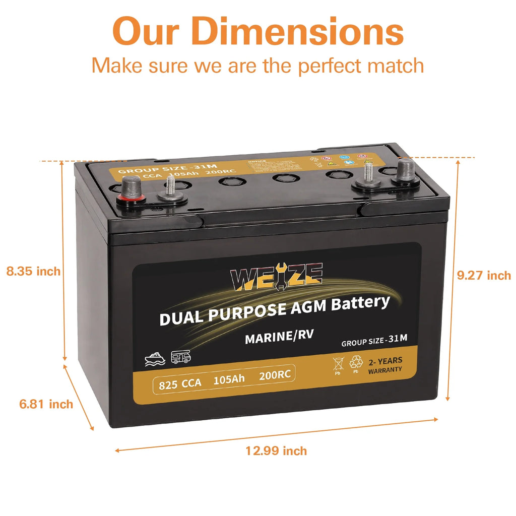 12V 105AH Dual Purpose AGM Battery, 825CCA Group 31M E566770