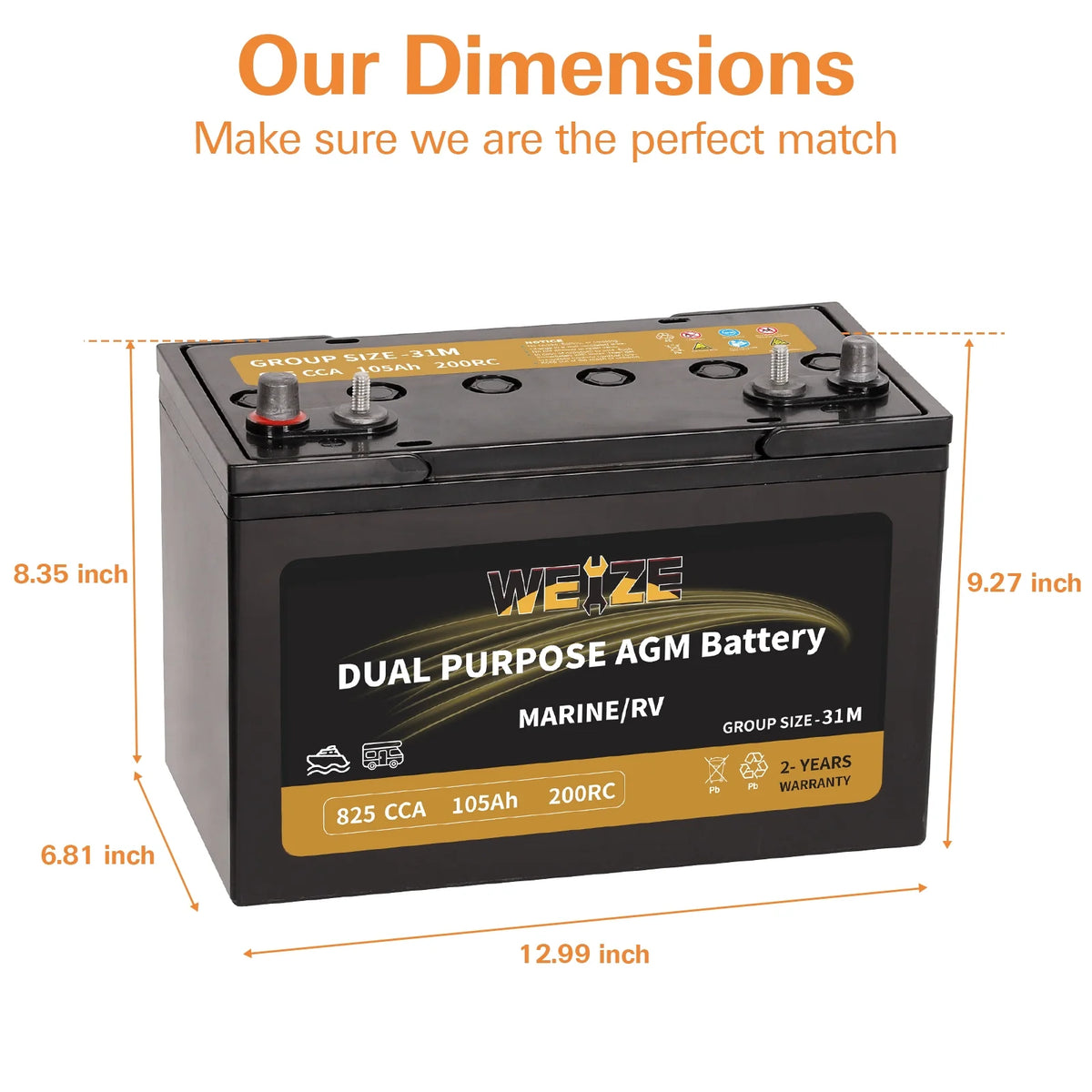12V 105AH Dual Purpose AGM Battery, 825CCA Group 31M E566770