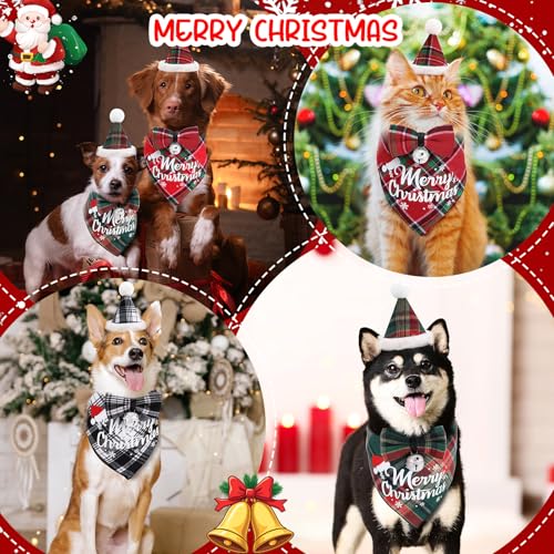 9pcs Christmas Dog Bandana Hat Bow Tie Set Buffalo Plaid Pet Costume L27283