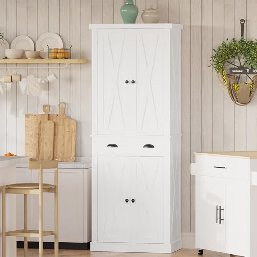 White Kitchen Pantry Storage Cabinet with Barn Doors, Drawer, 4 Adjustable Shelves W300394