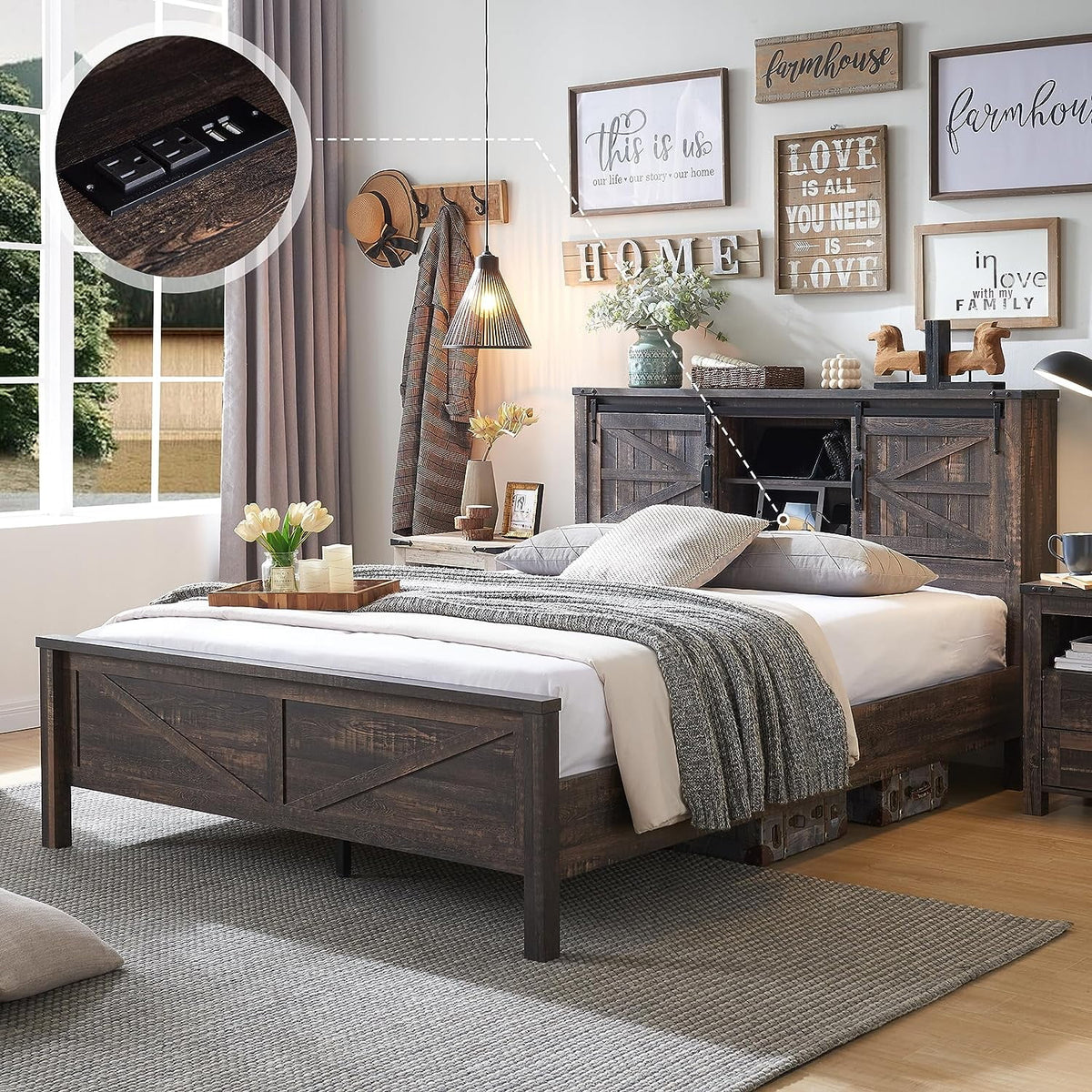 Full Platform Bed with Bookcase Headboard and Charging Station D82051