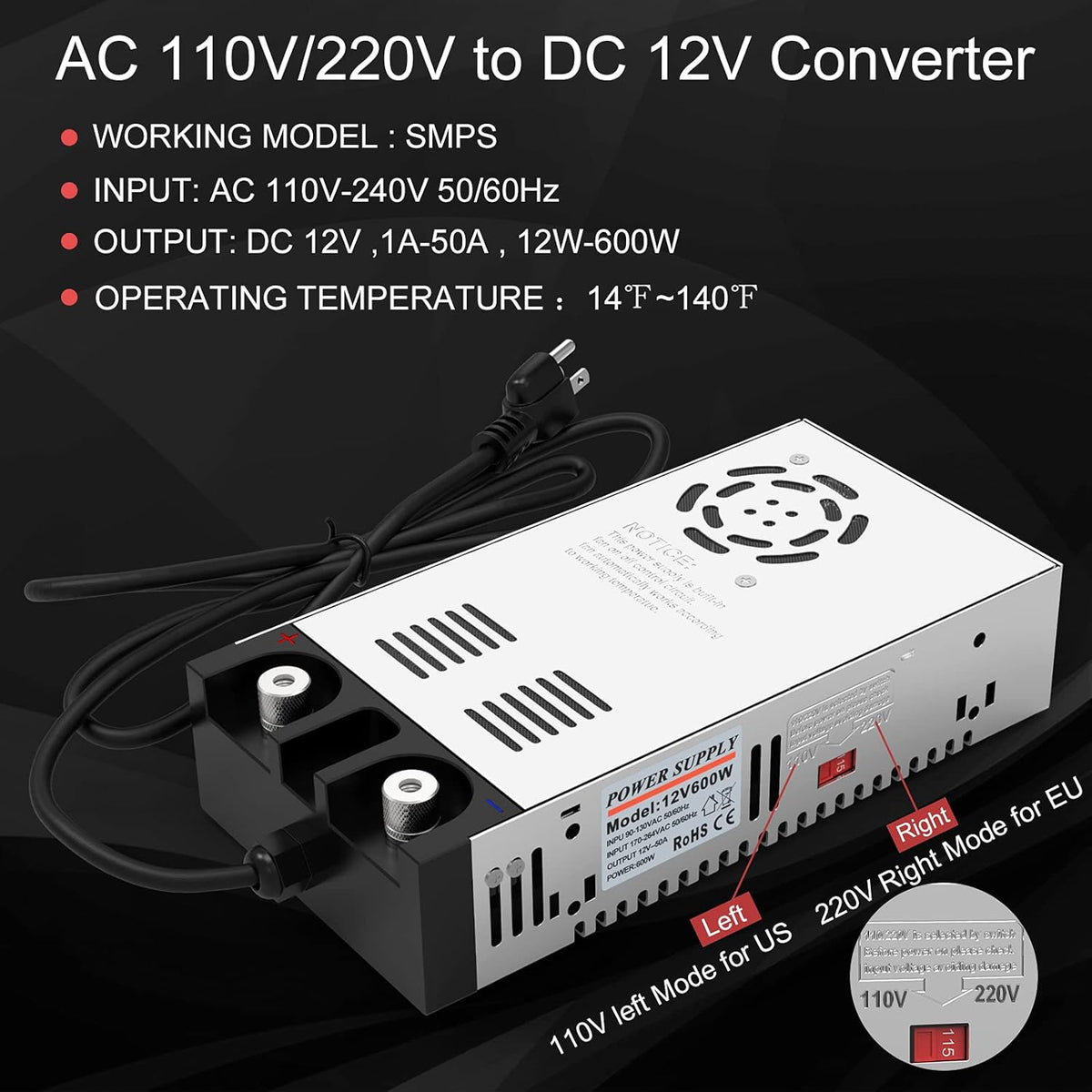 110V AC to 12V DC Converter Power Supply 600W 50A Pack of 2 V11442