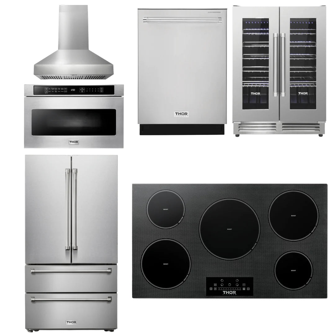 36 Induction Cooktop, Range Hood, Microwave, Refrigerator, Dishwasher, Wine Cooler J693