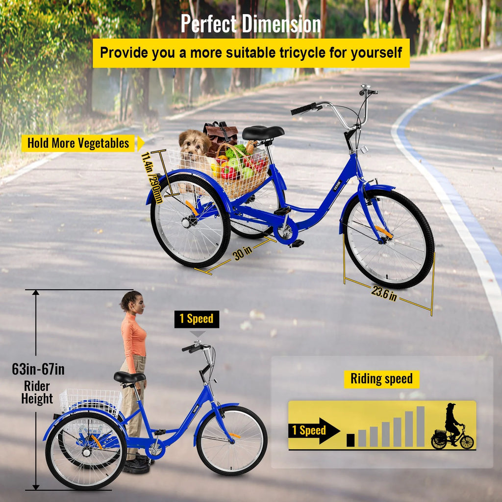 24" Single Speed Three Wheel Bike with Basket Blue L4527