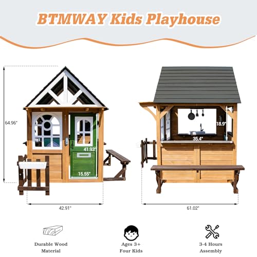 Cedar Gray Wooden Kids Playhouse with Play Kitchen W2941