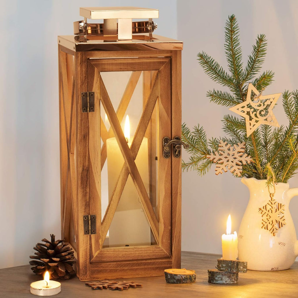 Wooden Candle Lantern with Stainless Top and Glass I996341