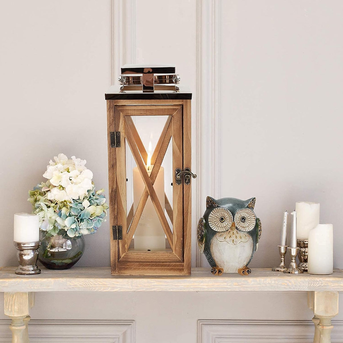 Wooden Candle Lantern with Stainless Top and Glass I996341