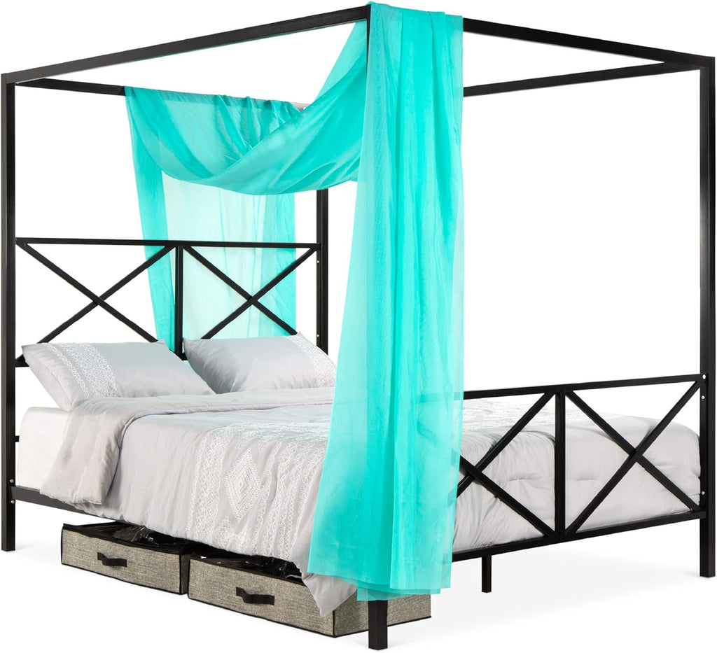 Queen Size Black Metal Canopy Bed with Headboard A260002