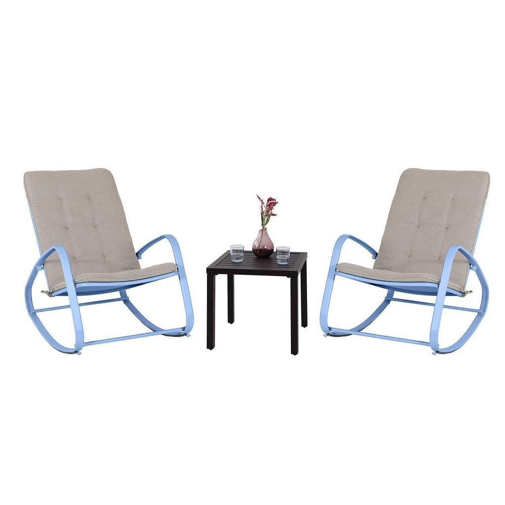 Blue 3PC Patio Rocking Chairs & Metal Side Table V9652