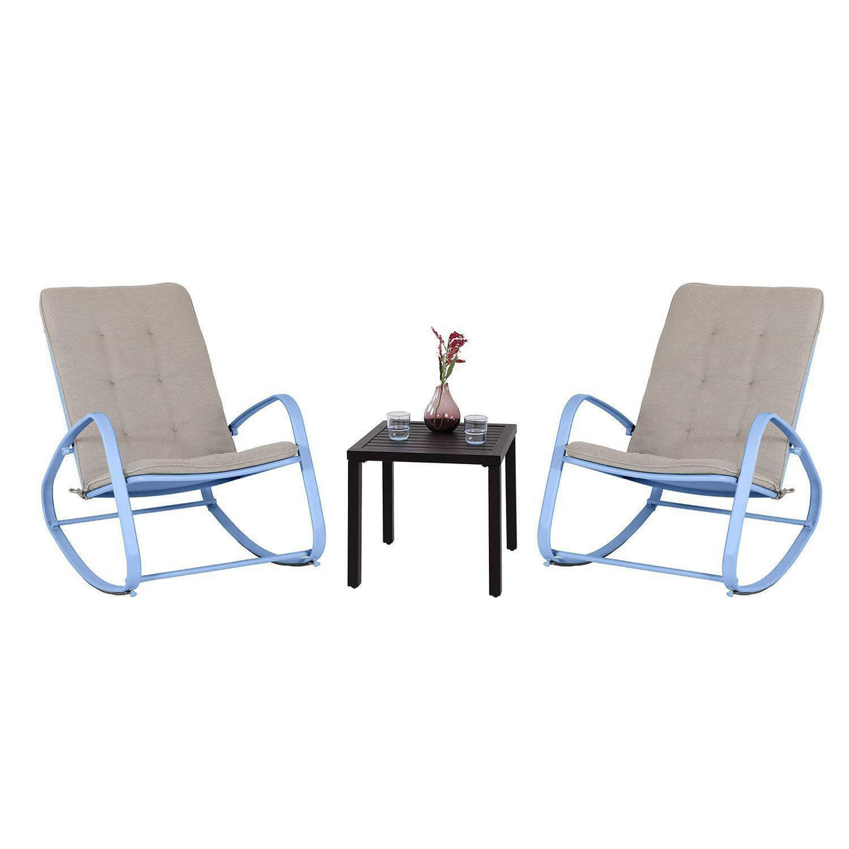 Blue 3PC Patio Rocking Chairs & Metal Side Table V9652