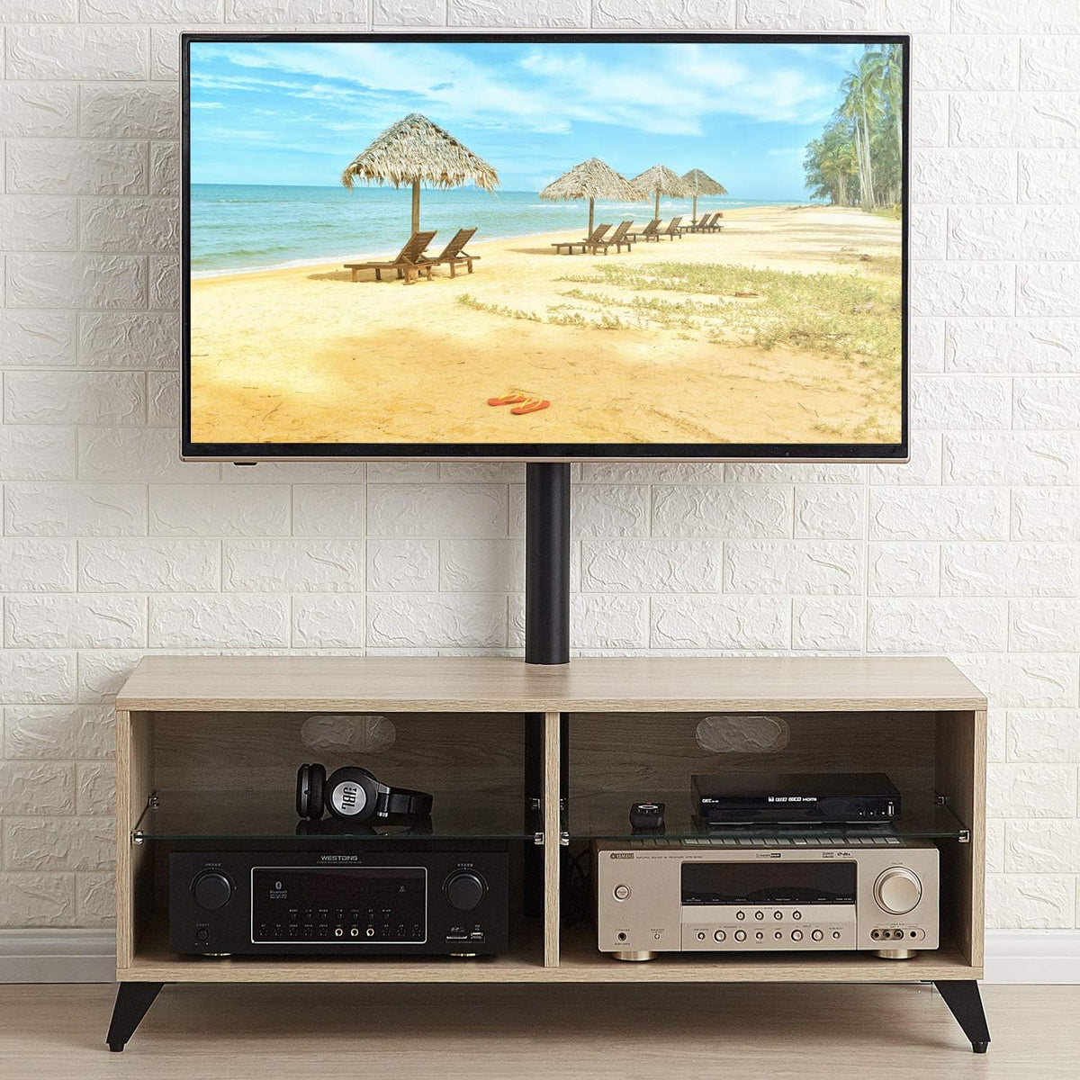 Rolling Wood Corner TV Console Stand with Wheels and Cabinets for up to 60 inch TVs, Walnut S376380