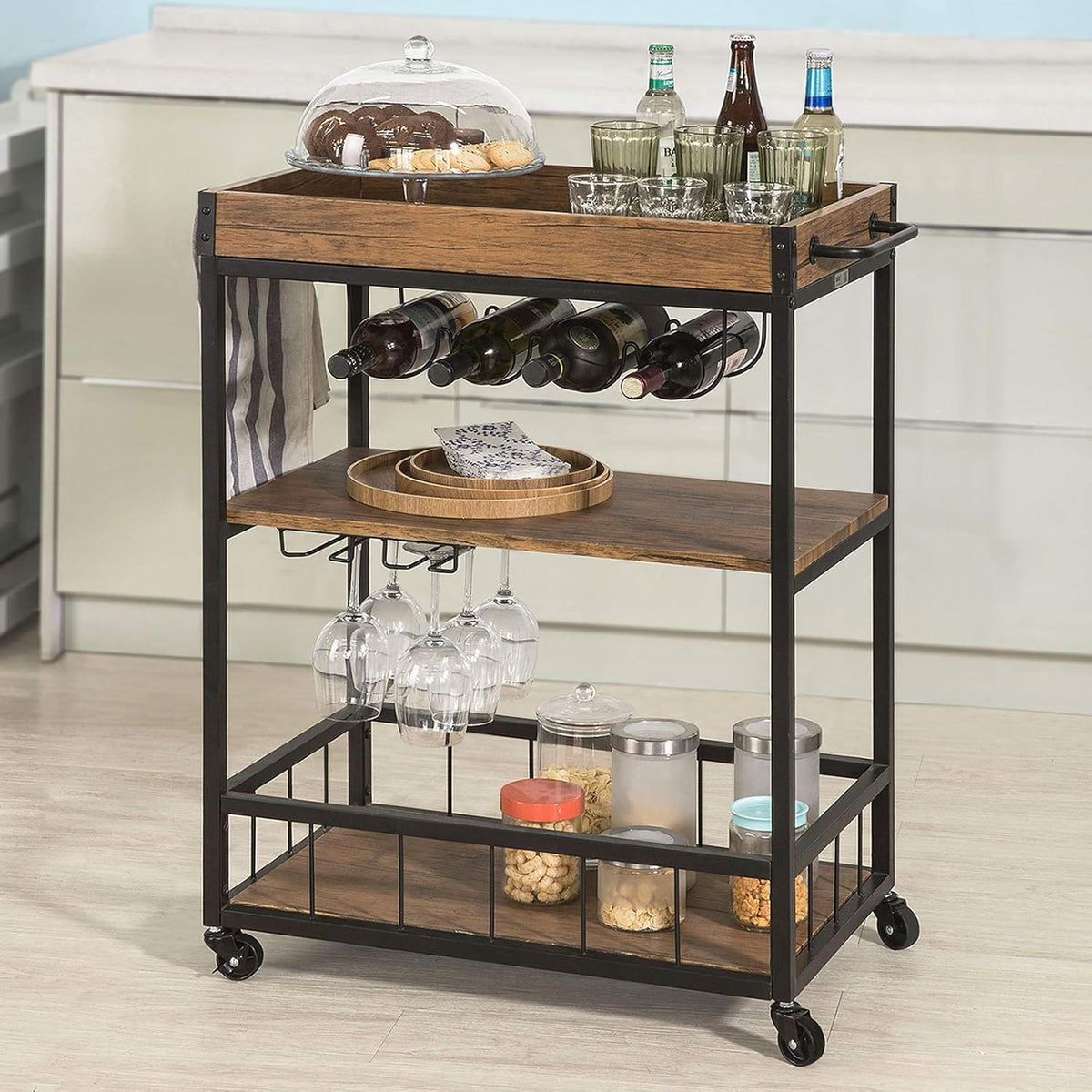 Brown Wood Metal Serving Cart S295