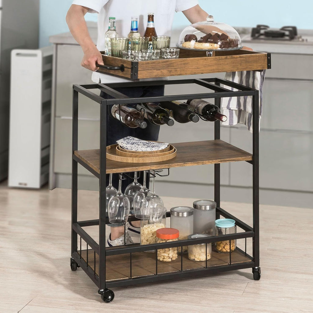 Brown Wood Metal Serving Cart S295