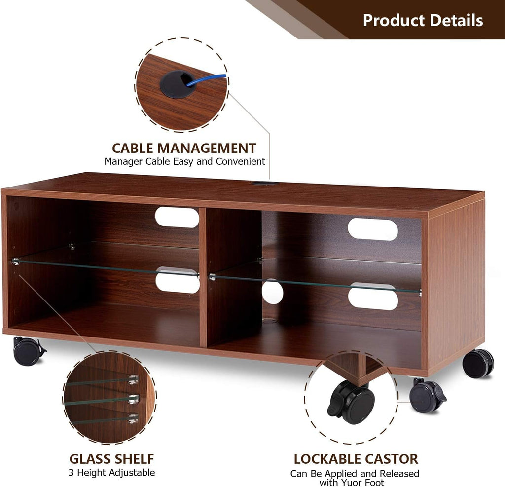 Rolling Wood Corner TV Console Stand with Wheels and Cabinets for up to 60 inch TVs, Walnut S376380