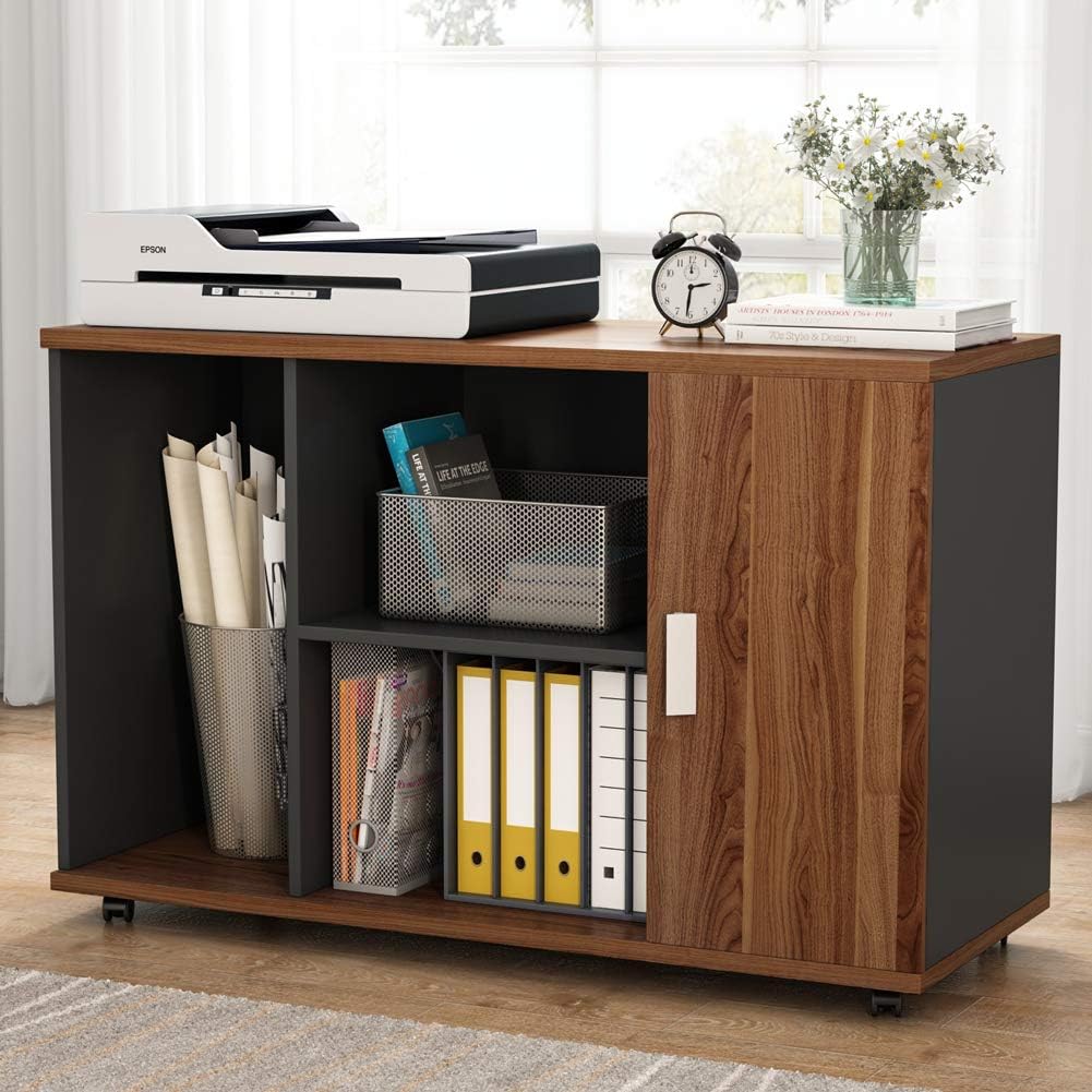 39 inches File Cabinet with Wheels and Doors, Dark Walnut F101