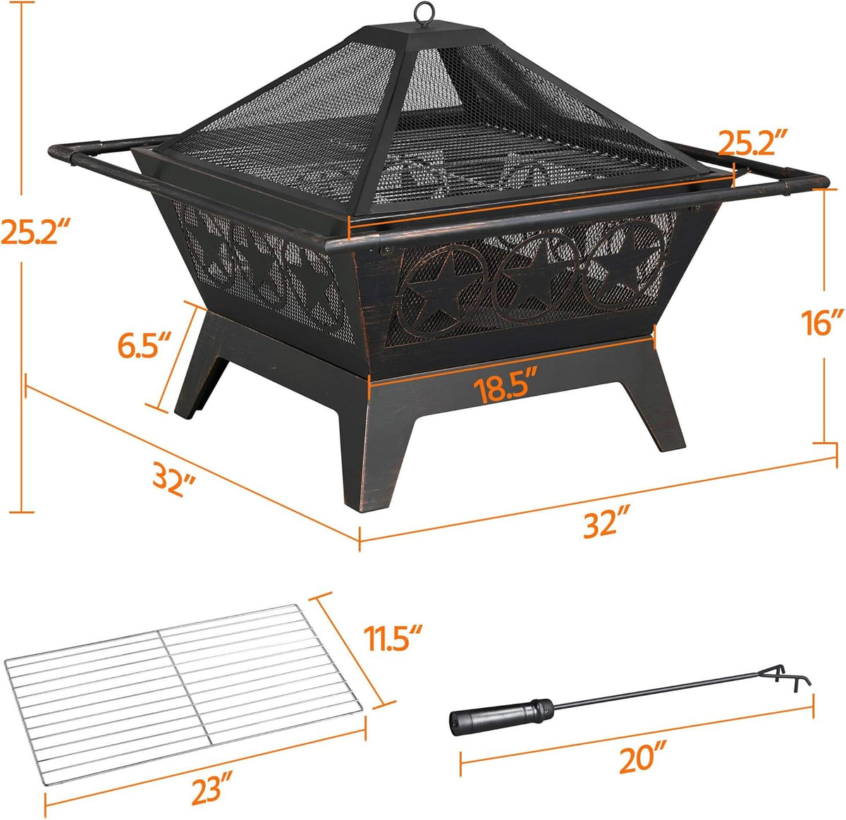 32in Metal Square Wood Burning Fire Pit D76137