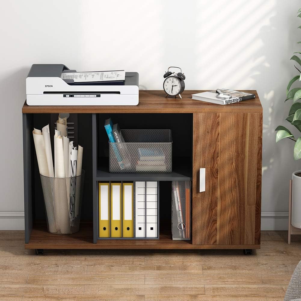 39 inches File Cabinet with Wheels and Doors, Dark Walnut F101
