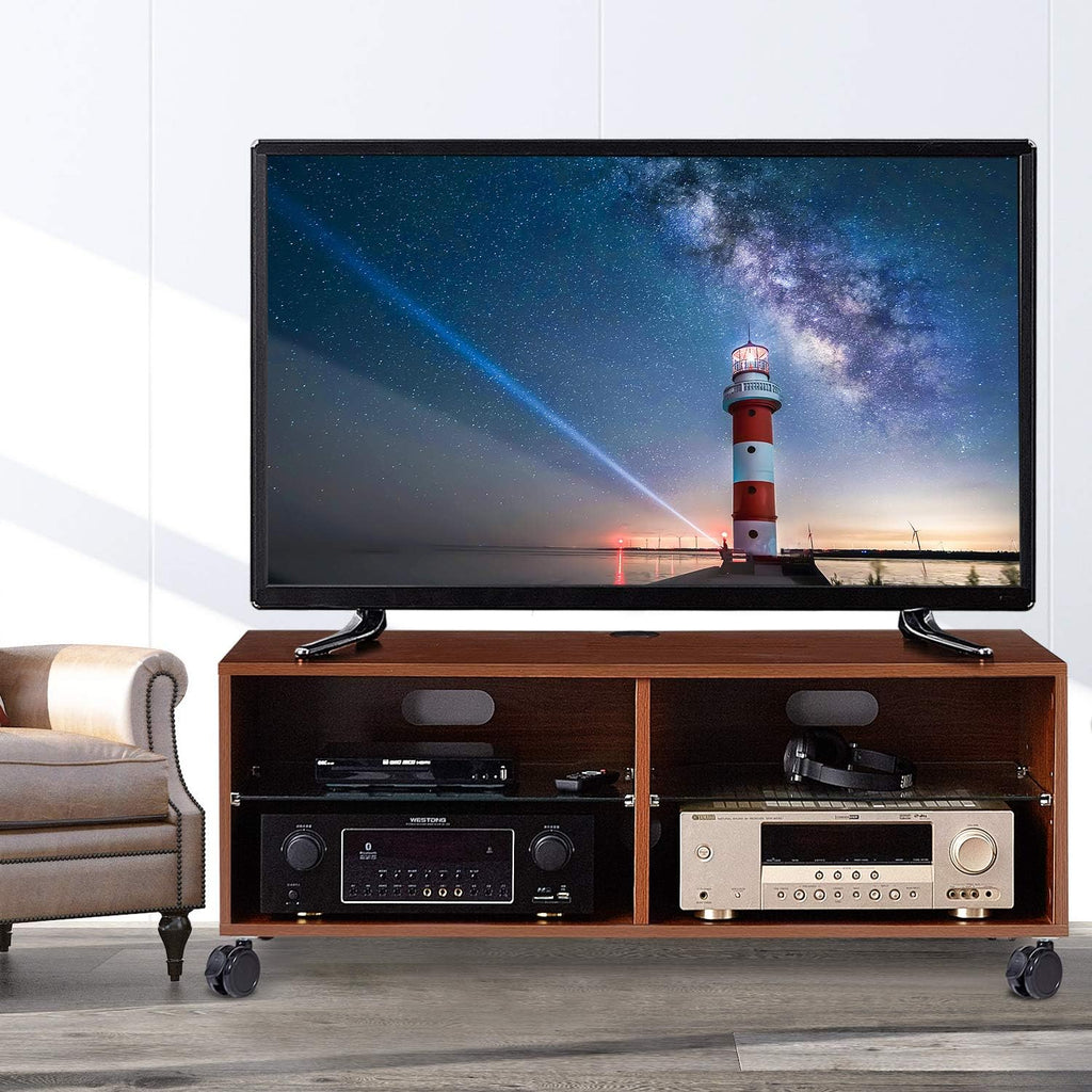 Rolling Wood Corner TV Console Stand with Wheels and Cabinets for up to 60 inch TVs, Walnut S376380