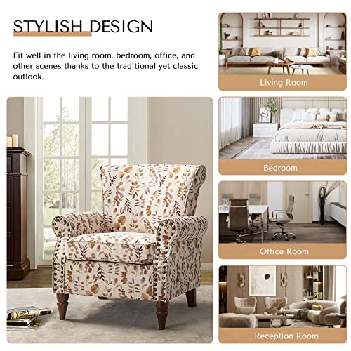Blue Floral Pattern Upholstered Accent Chair with Wood Legs I214