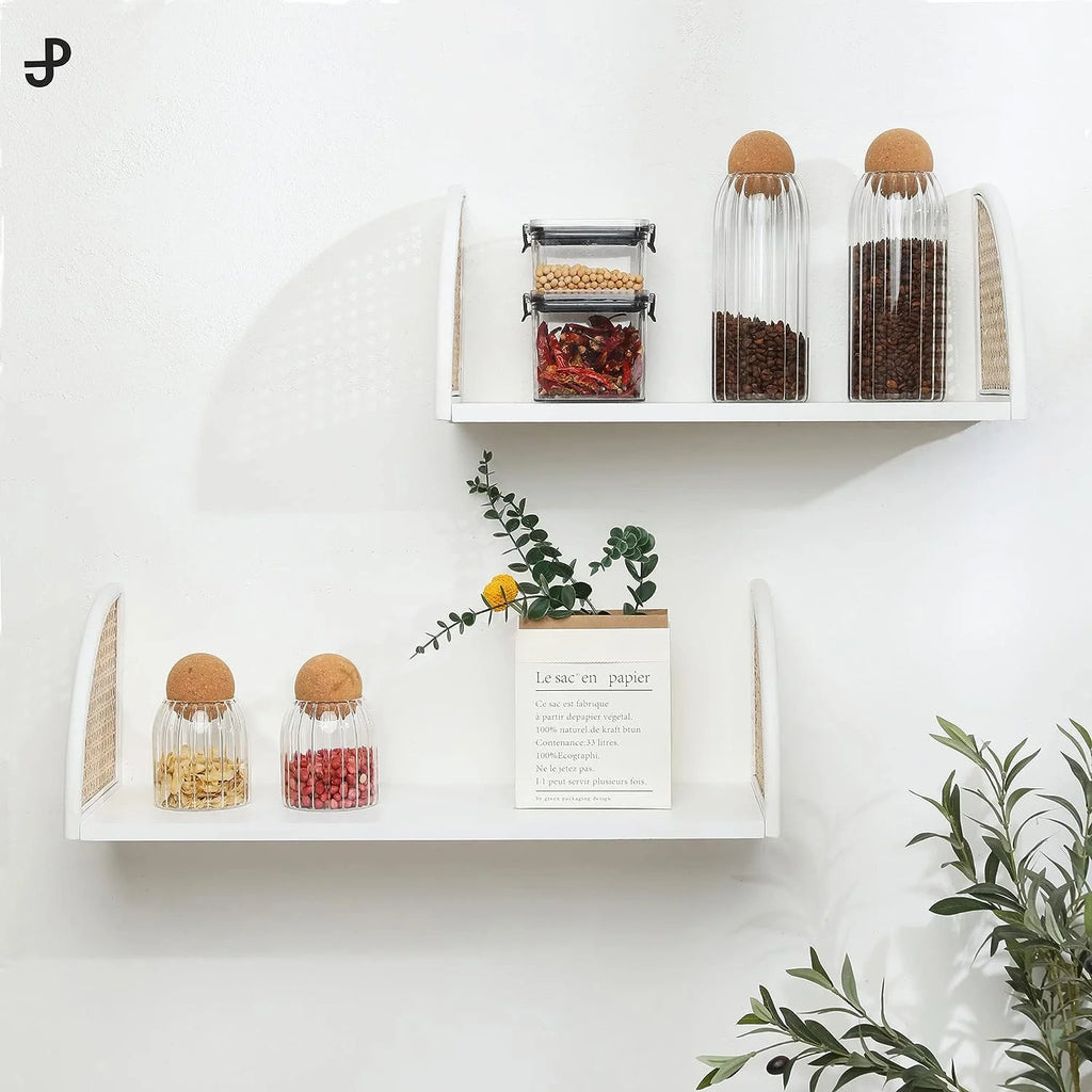 White Set of 2 Rattan Wood Wall Shelf P206