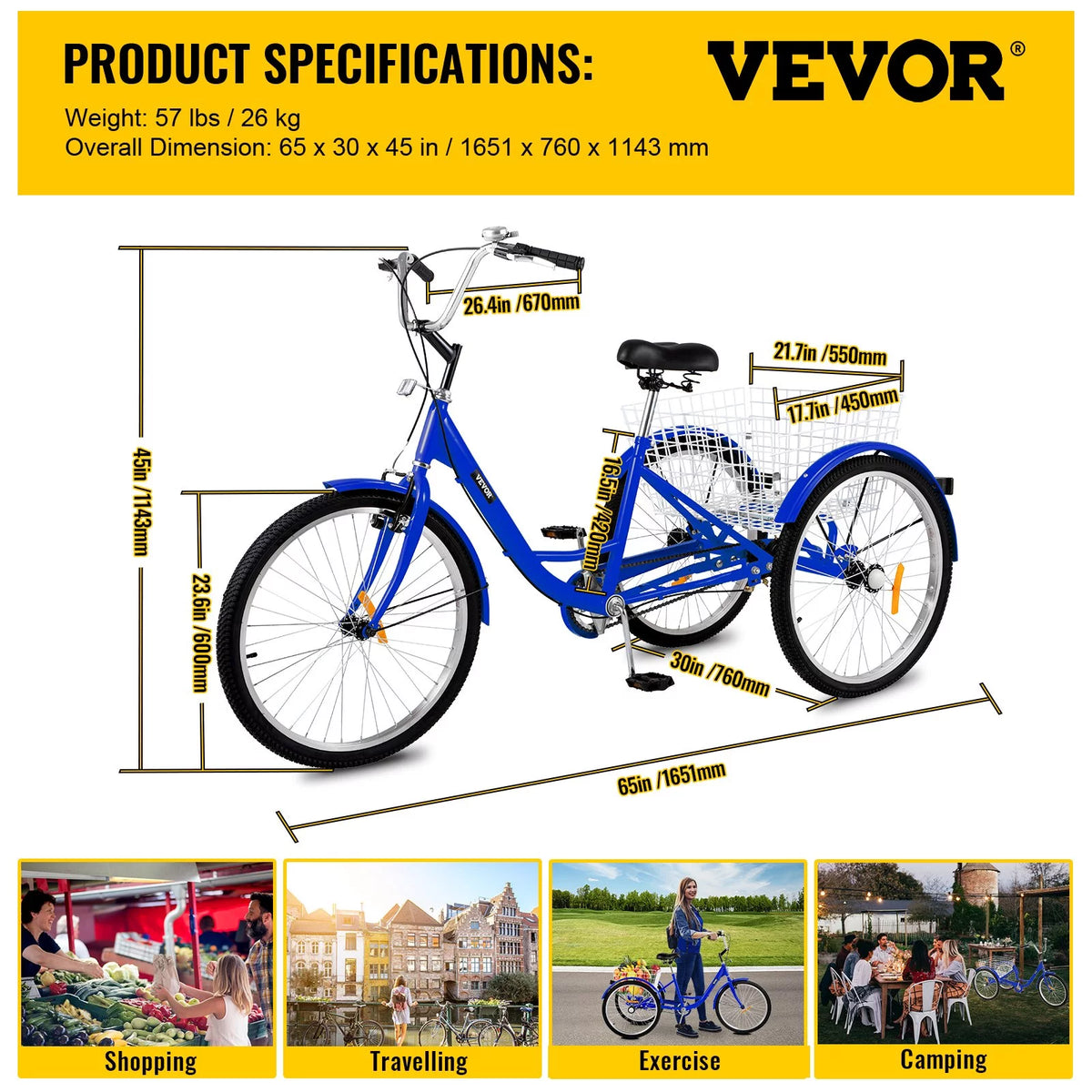 24" Single Speed Three Wheel Bike with Basket Blue L4527