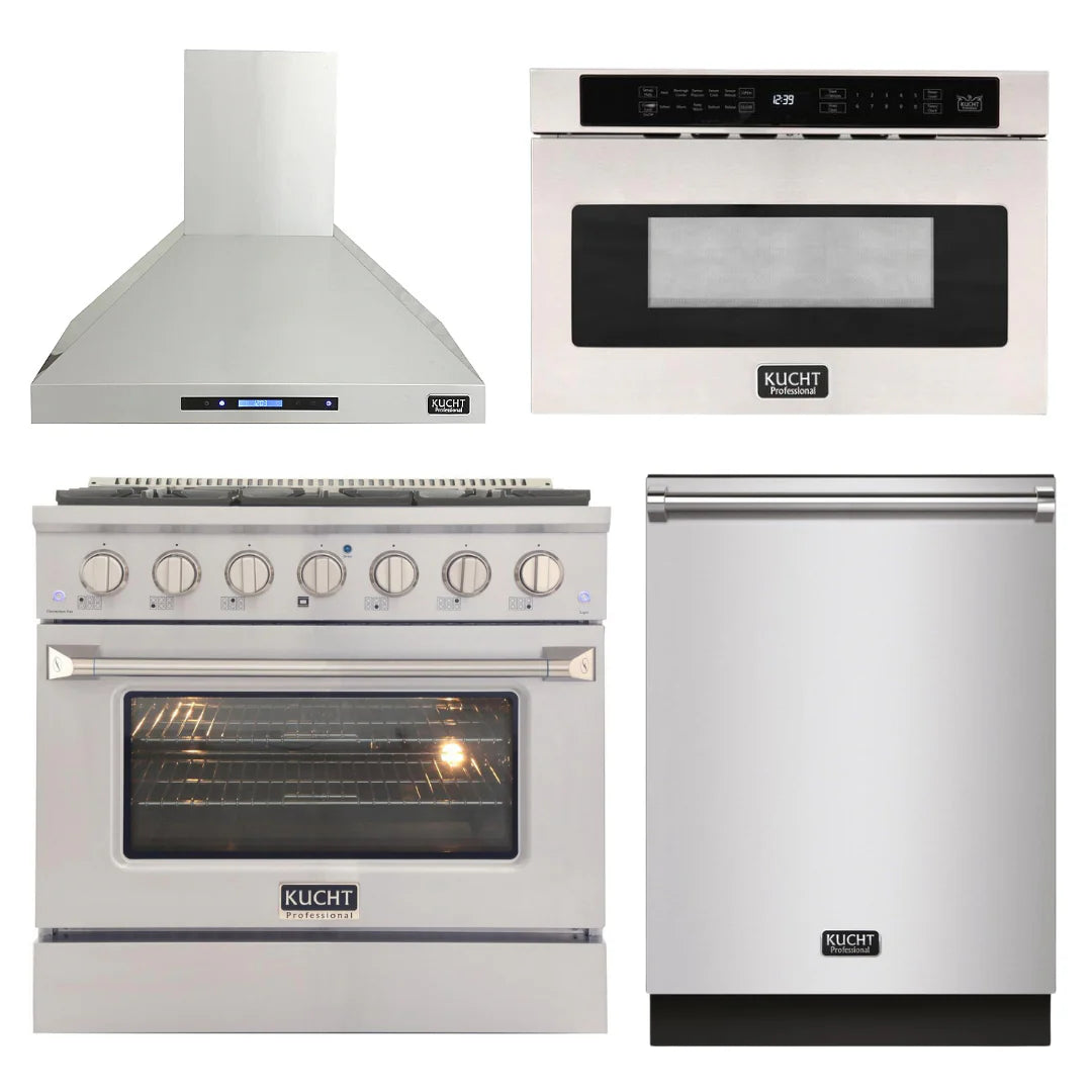 36 in. Natural Gas Range, Range Hood, Dishwasher & Microwave Drawer Package E65012