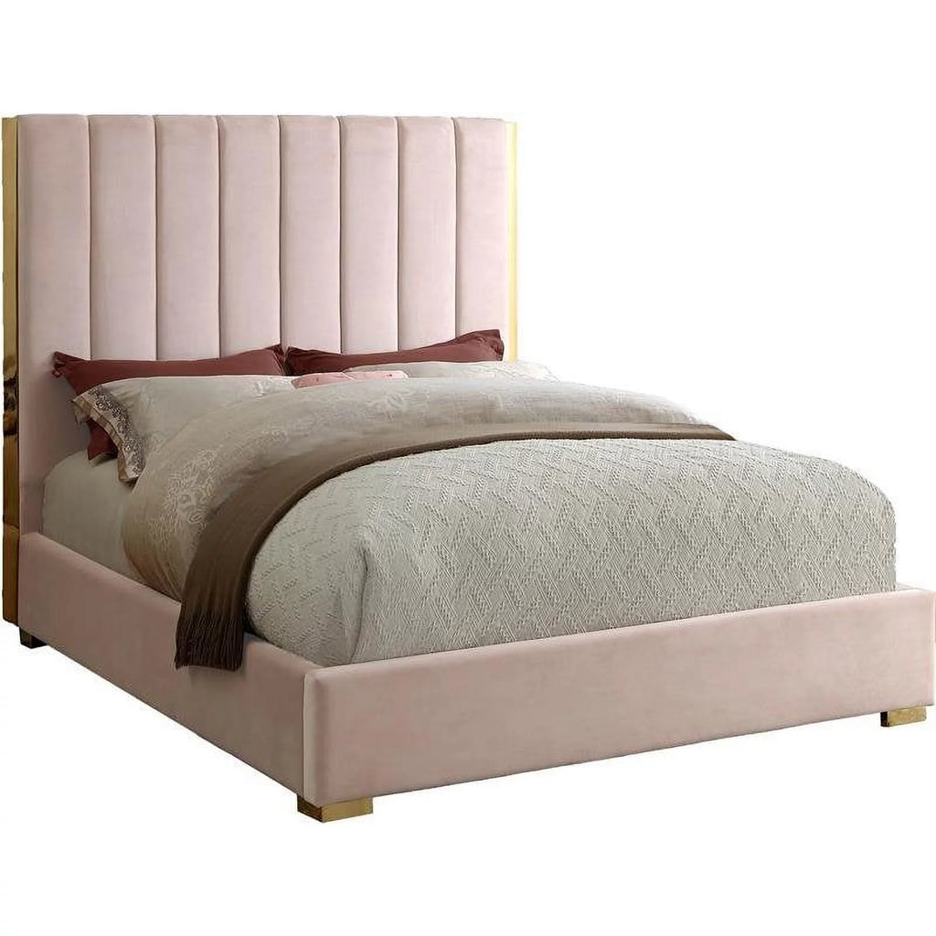 Metal and Velvet King Bed in Pink K519