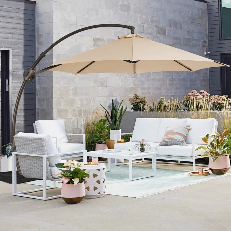 11ft Curvy Cantilever Offset Hanging Patio Umbrella with Base, Beige B875009
