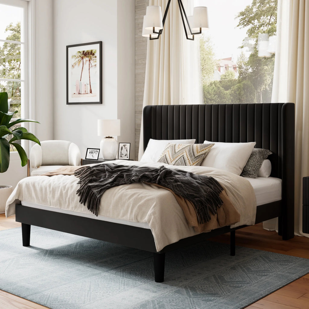 Queen Size Velvet Upholstered Platform Bed Frame U123580