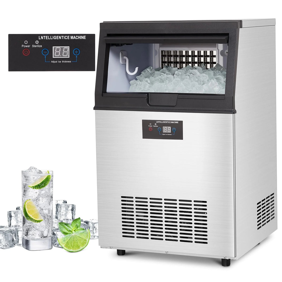 Commercial Ice Machine 130lbs/24H Stainless Steel 44lbs Ice Storage A229