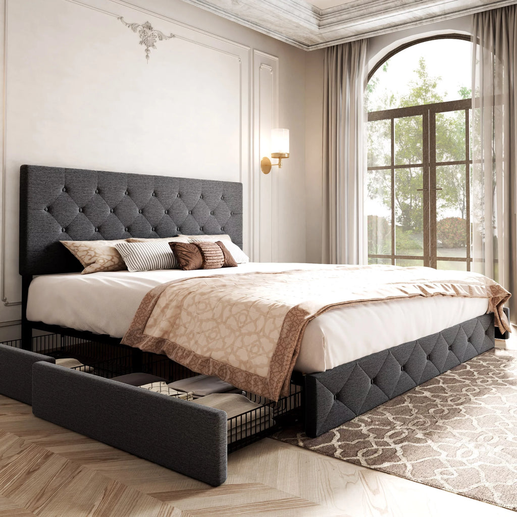 Light Grey Queen Platform Bed Frame with 4 Drawers Storage N206