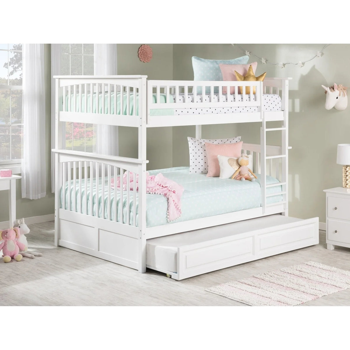 White Full over Full Bunk Bed with Twin Trundle M8533