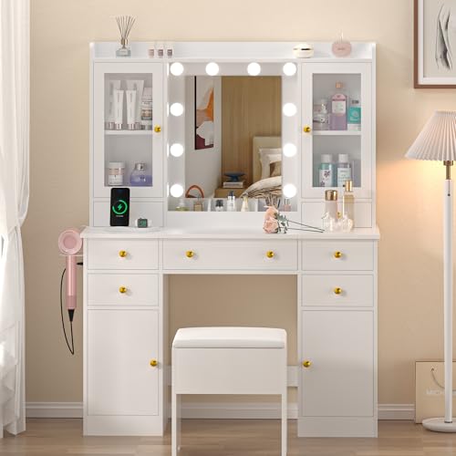 White Vanity Desk with Mirror and Lights J8928