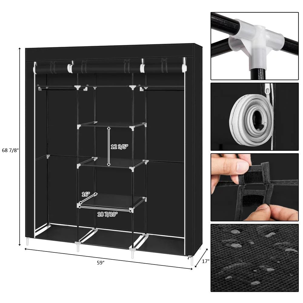 69'' Black Portable Closet Wardrobe with Metal Shelves F847