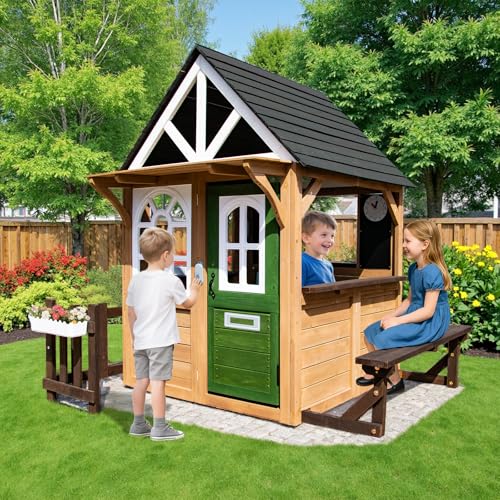 Cedar Gray Wooden Kids Playhouse with Play Kitchen W2941