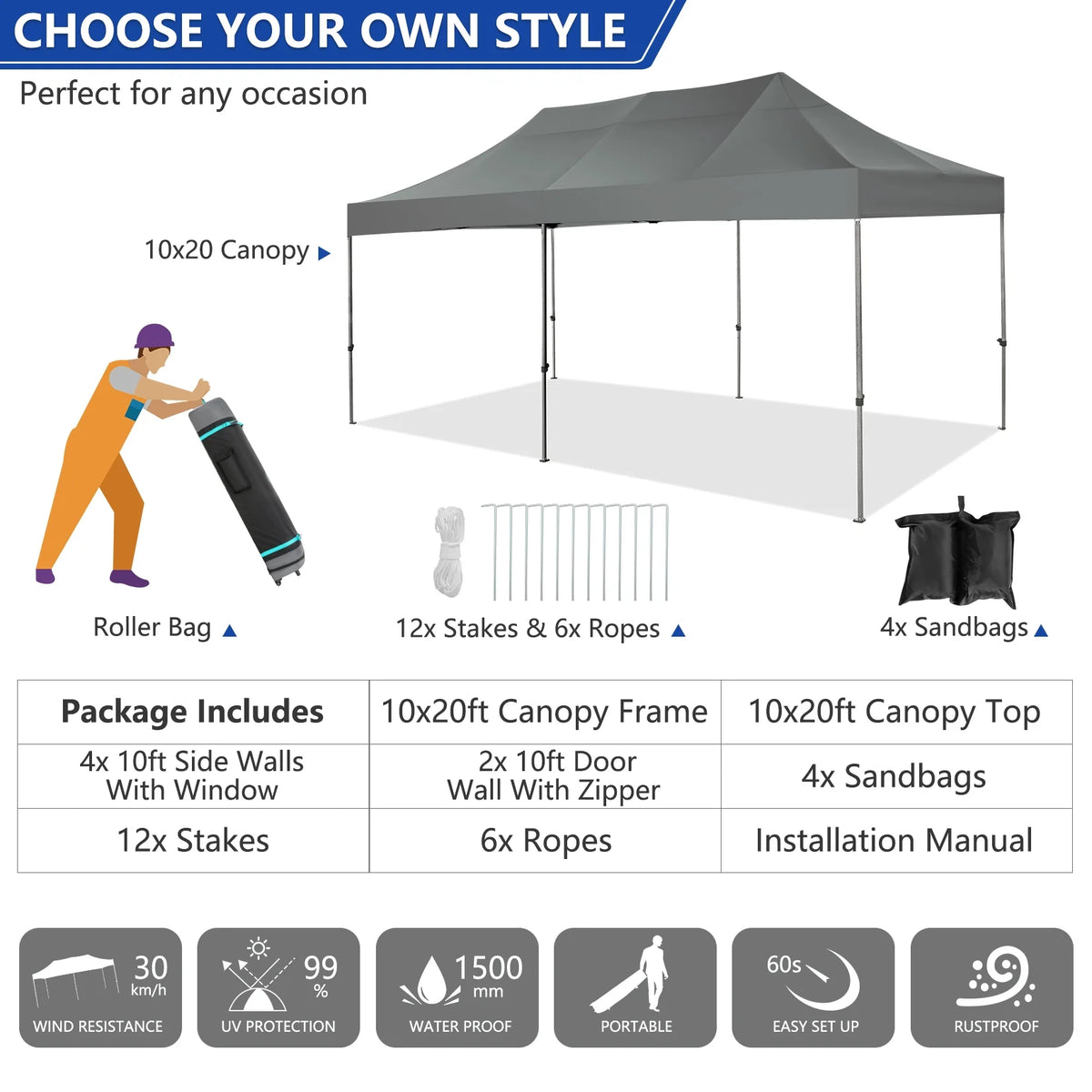 10x20 Heavy Duty Waterproof Canopy with Roller Bag U78846