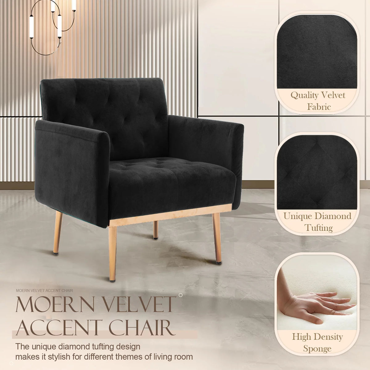 Green Velvet Upholstered Accent Chair with Metal Legs I89394