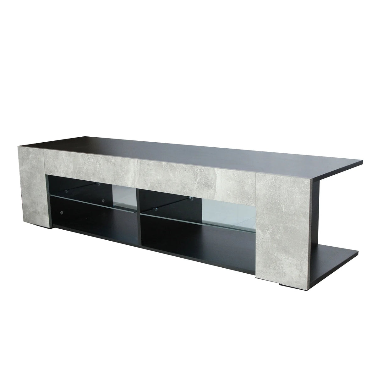 Black 57 Inch TV Stand with LED Lights and Glass Shelves I775