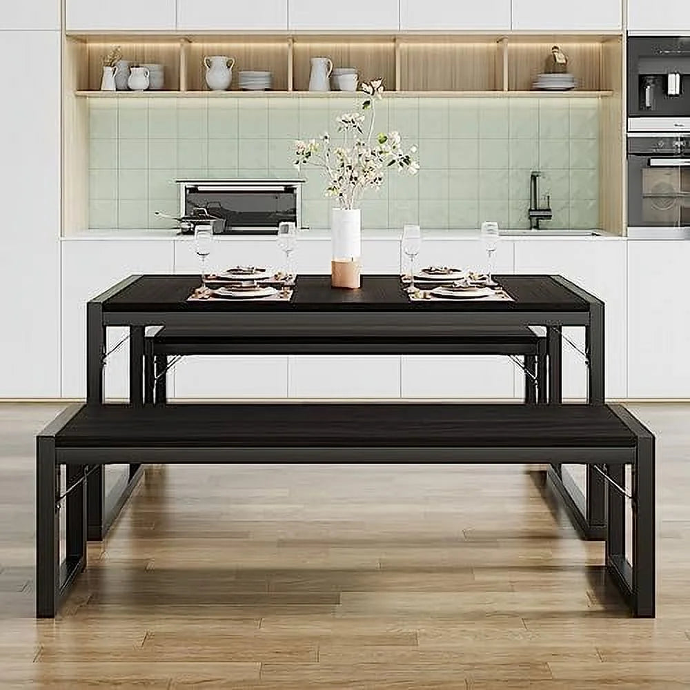 Black Dining Table Set with Two Benches R10398