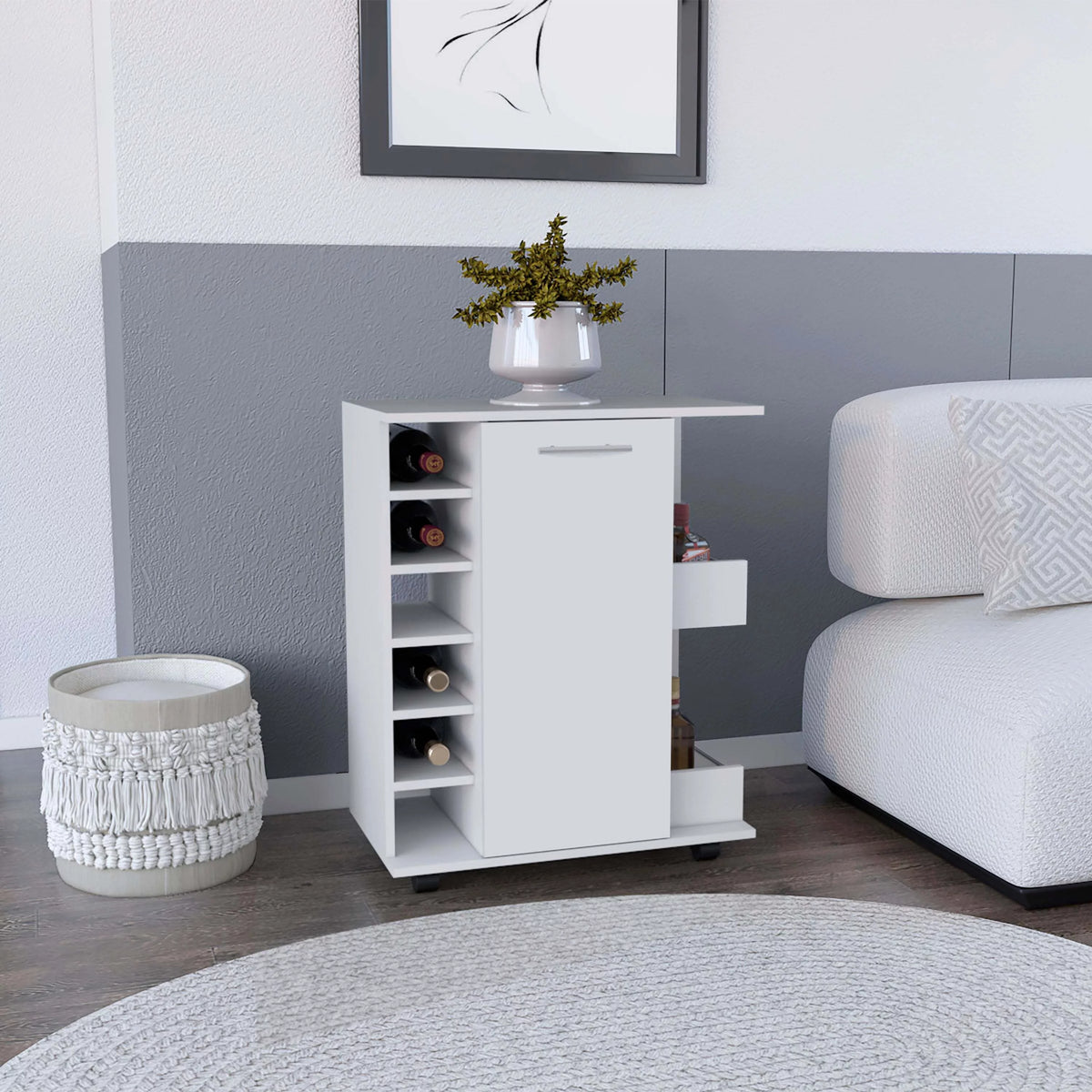 White Engineered Wood Bar Cart with 2 Side Shelves K2872