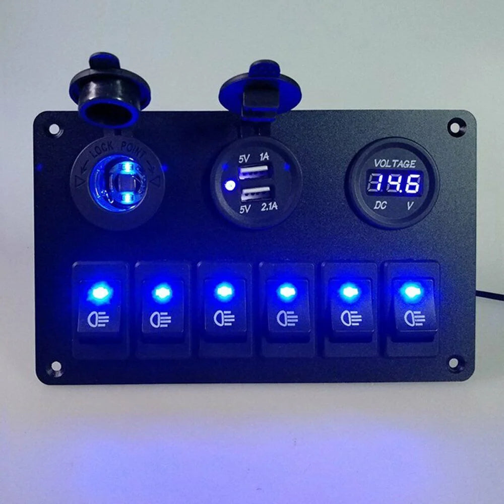 6 Gang Blue LED Rocker Switch Panel F72805